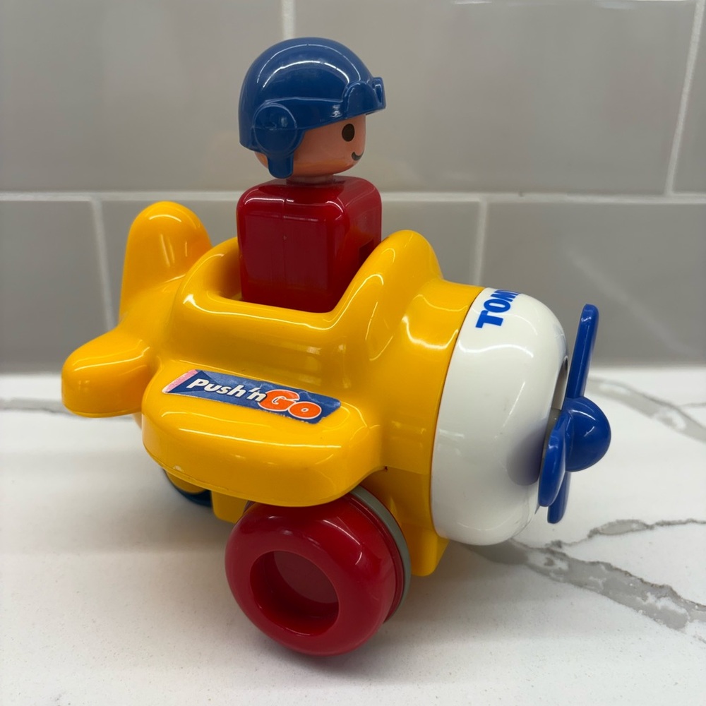 Vintage Tomy Yellow Push 'n Go Kids Airplane 1991 with Pilot Tested and Works